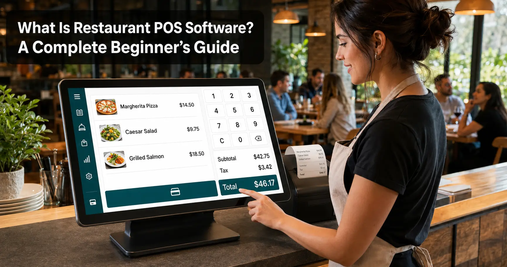 Restaurant POS software terminal showing order billing, itemized menu, tax, and total used by a restaurant cashier 