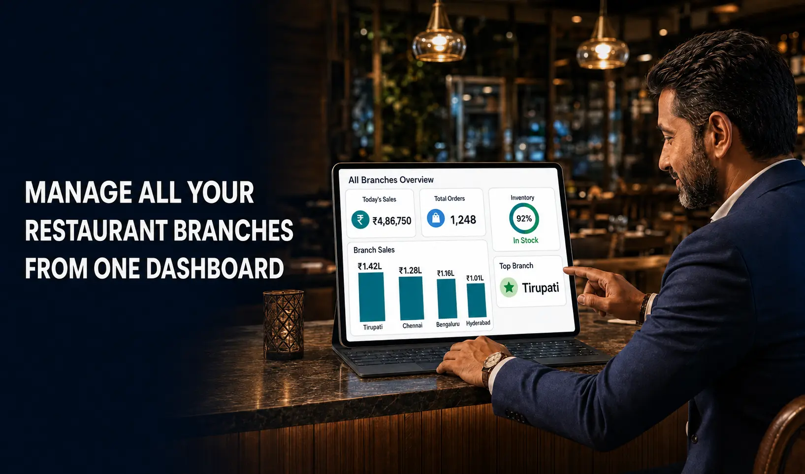 Restaurant owner using multi-outlet restaurant management software to monitor branch sales, orders and inventory