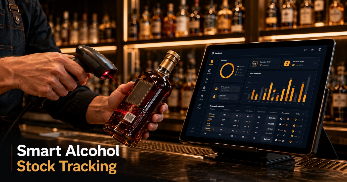 Smart alcohol stock tracking with barcode scanner and digital inventory dashboard for bar and brewery management