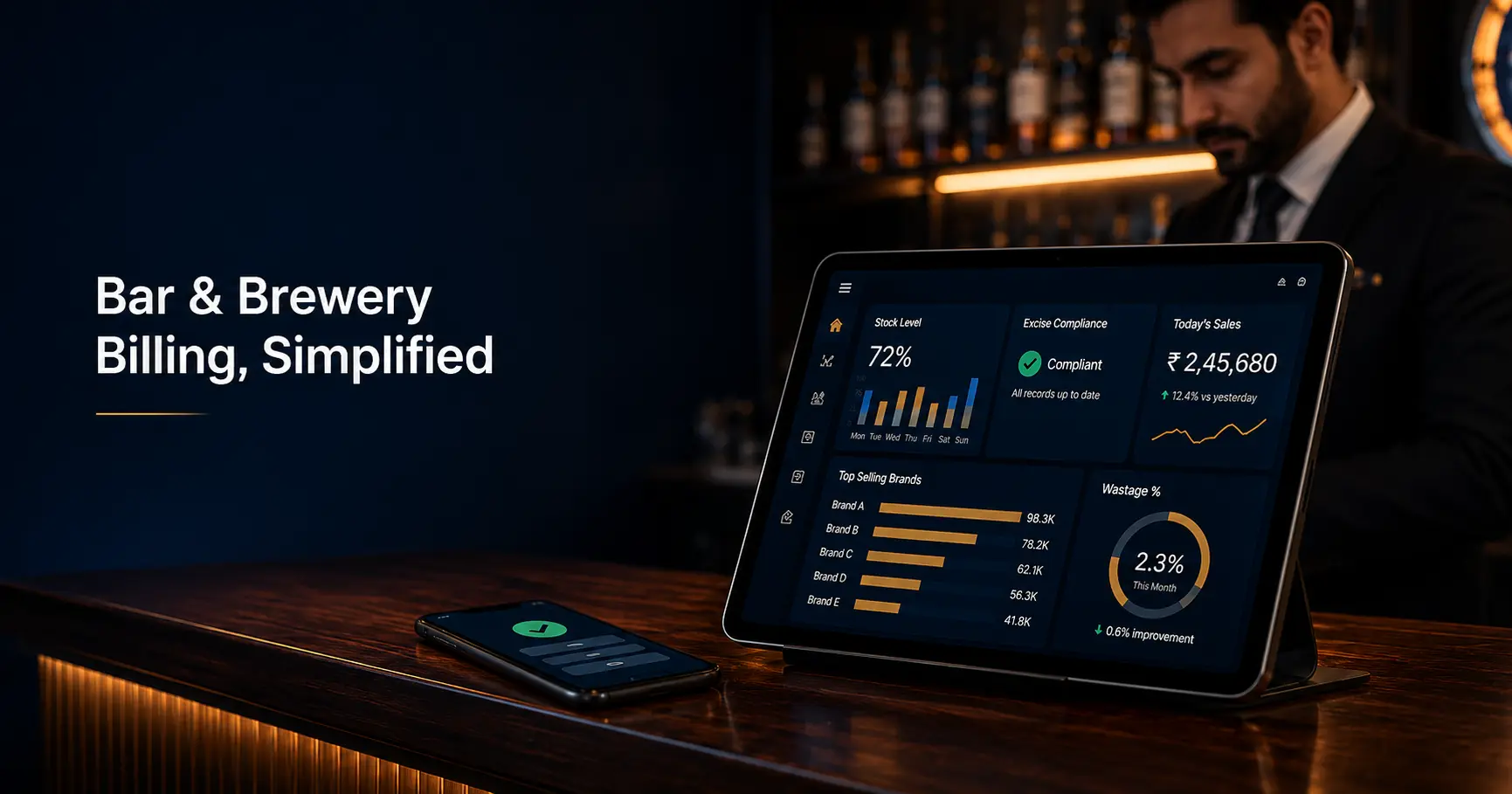 Bar and brewery billing software dashboard showing stock levels, sales, excise compliance, and wastage tracking.