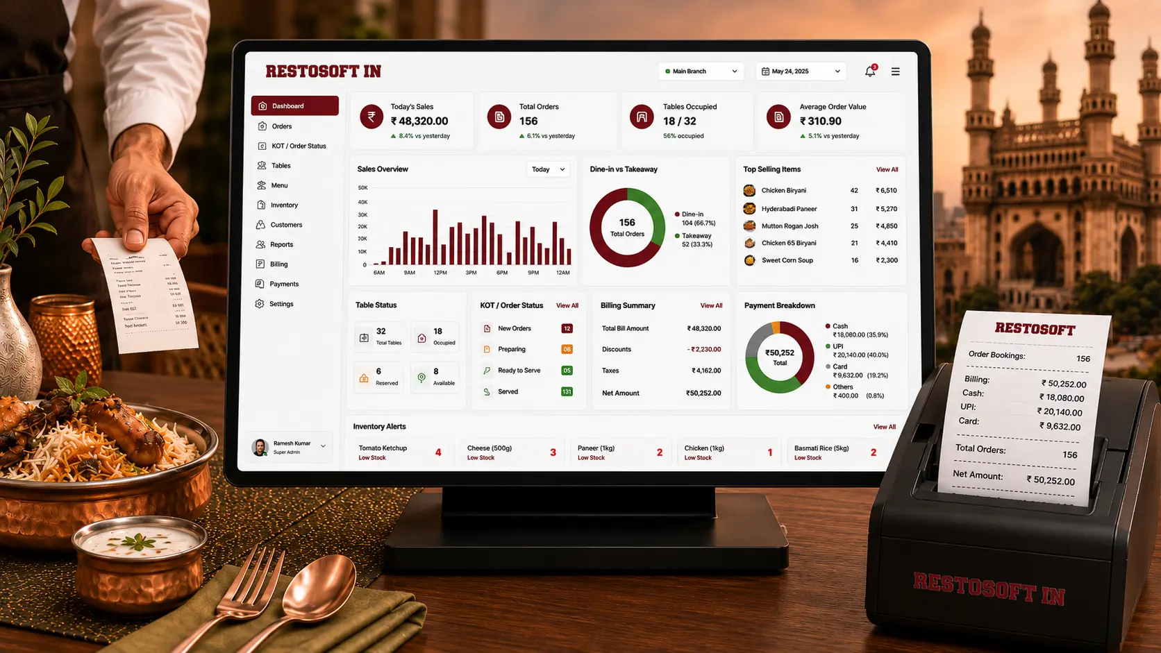 Restaurant POS software in Hyderabad with billing, order management, inventory tracking and payment dashboard