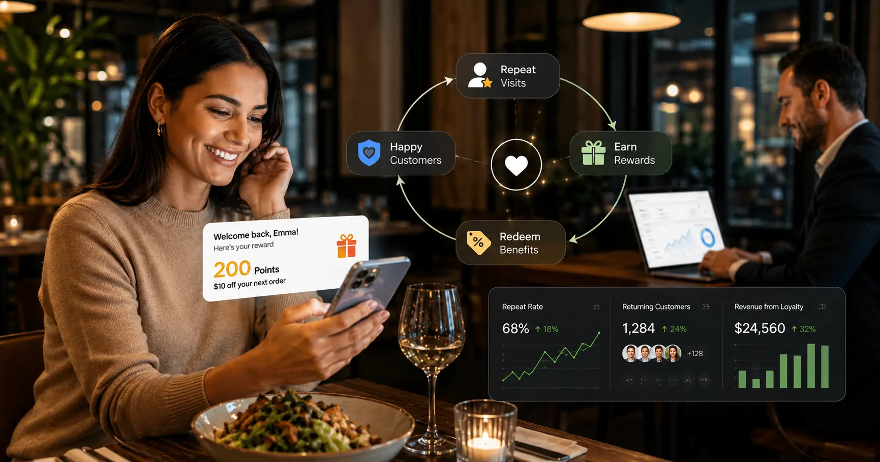 Restaurant loyalty software dashboard for managing customer rewards, repeat orders, loyalty points, and customer engagement