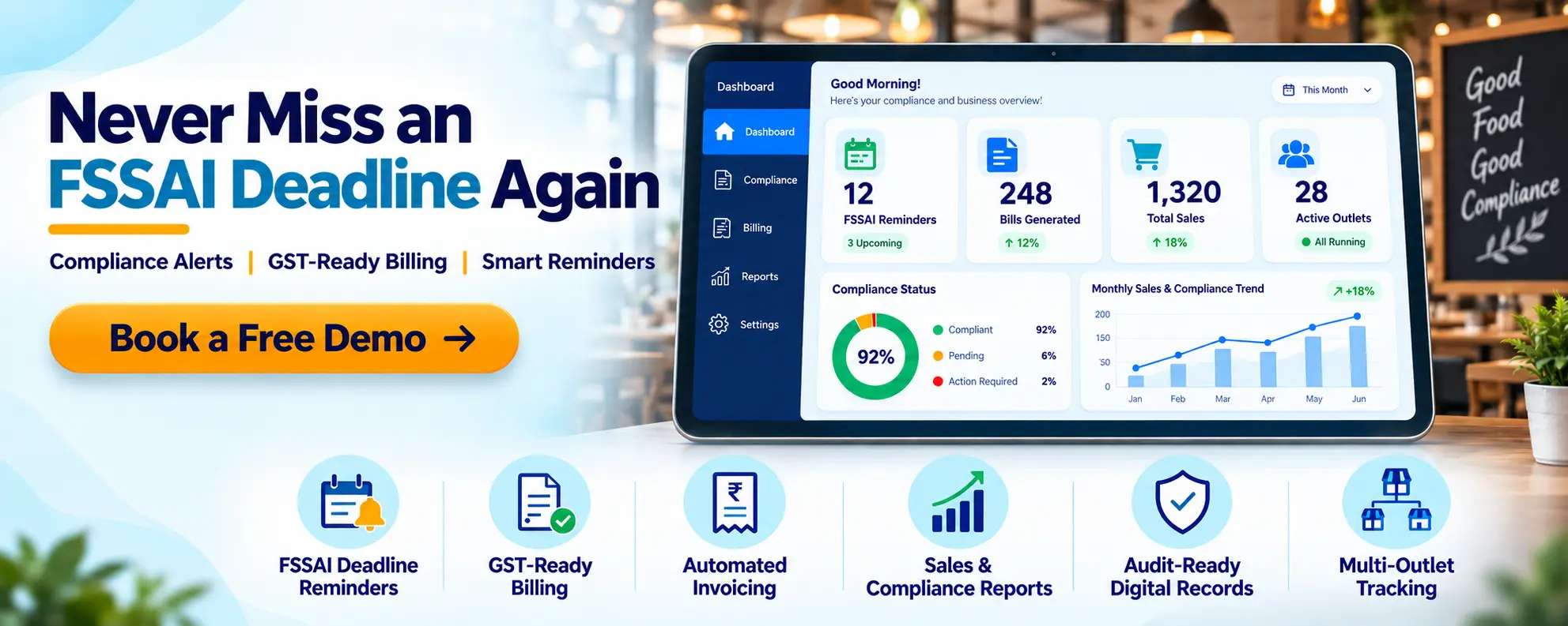 Restaurant compliance dashboard for tracking FSSAI deadlines, billing, sales, and multiple outlets