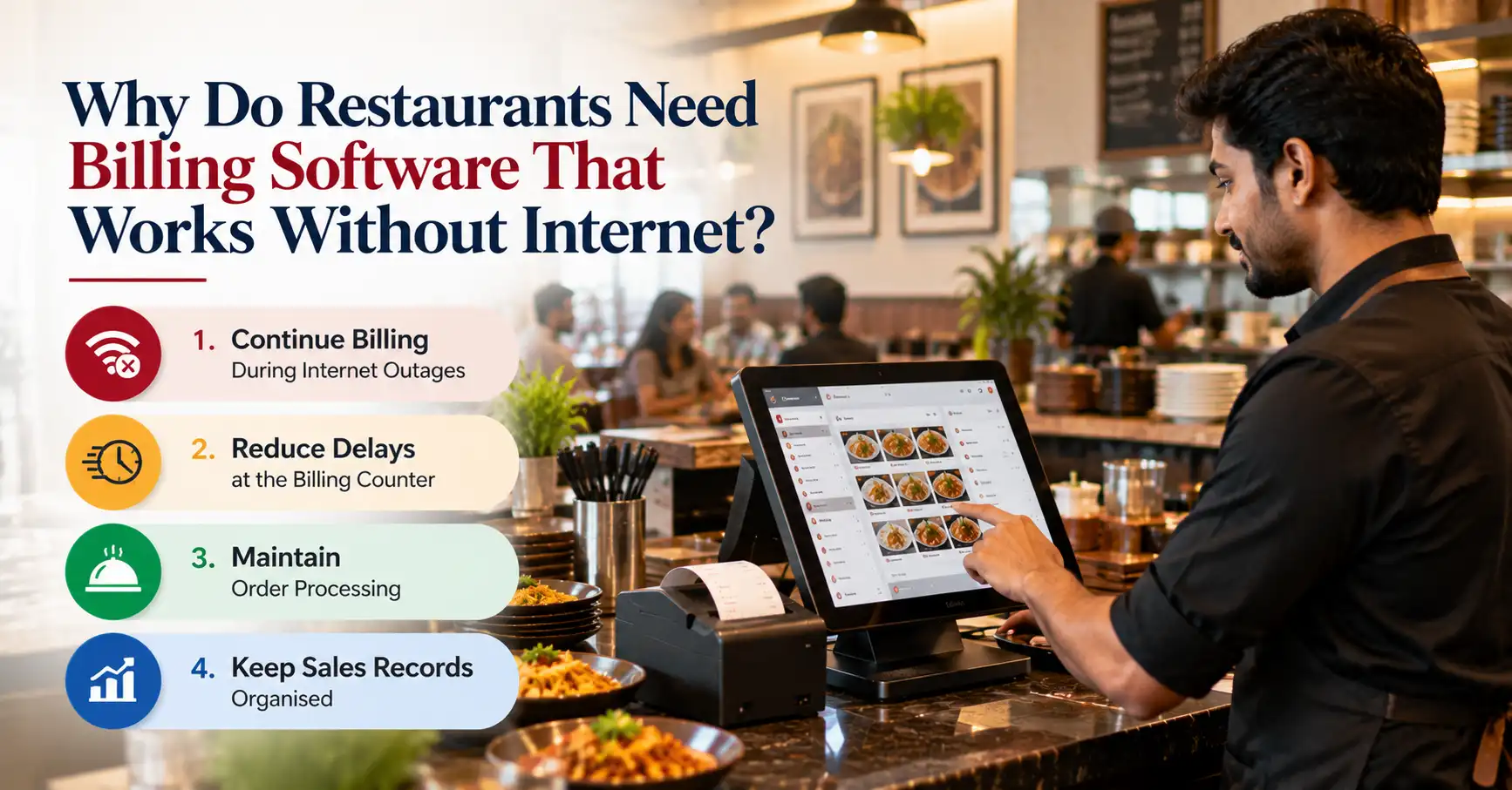 Restaurant owner operating offline billing software on a POS terminal for uninterrupted restaurant billing