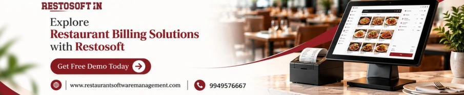 Restosoft restaurant billing software with POS touchscreen, receipt printer, and free demo offer.