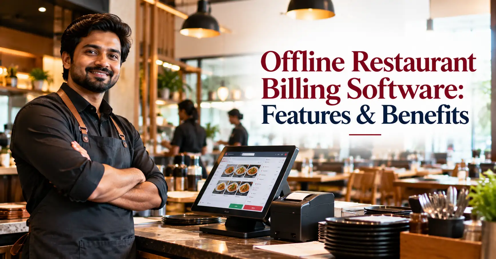 Modern restaurant billing software with touchscreen POS system and receipt printer for efficient billing