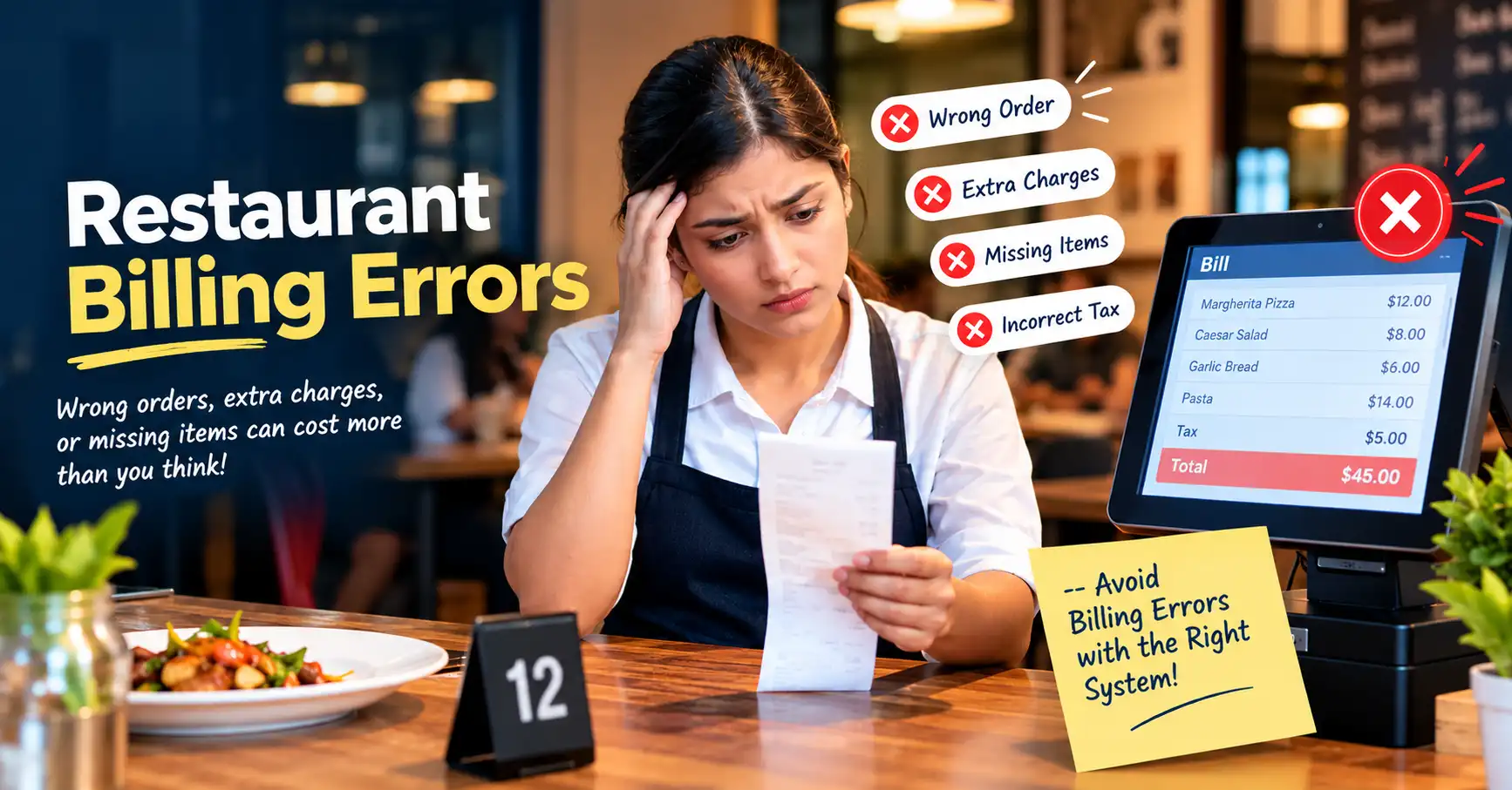 Restaurant billing errors, including wrong orders, extra charges, missing items, and incorrect taxes.